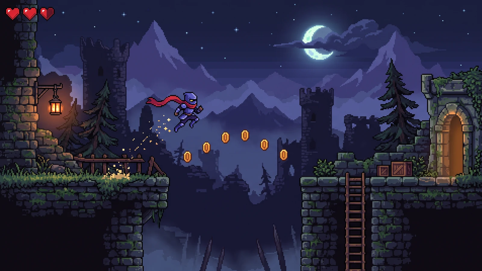 Pixel art platvormmängu kontseptsioon, kus tegelane liigub läbi lossi taseme, platvormide, keskkonnakihtide ja tegevusefektide.