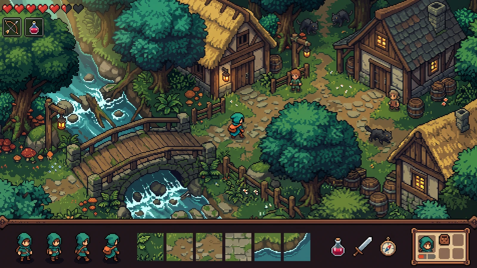 ಪೂರ್ಣಗೊಂಡ game scene ಅನ್ನು ಹೊಂದಾಣಿಕೆಯ characters, terrain, inventory icons, ಮತ್ತು interface designs ಜೊತೆ ಜೋಡಿಸುವ ಸಮನ್ವಯಿತ pixel-game presentation.