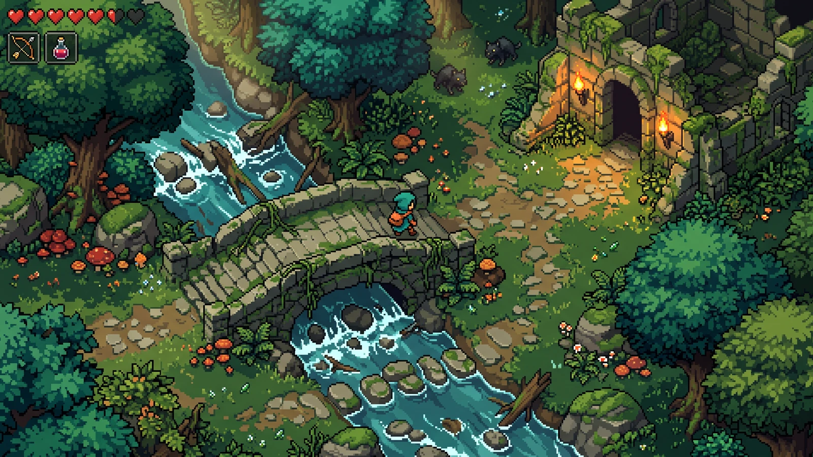 pixel-art RPG gameplay concept جس میں ایک کردار جنگل، راستوں، props، اور compact game HUD کے ساتھ explore کر رہا ہے۔