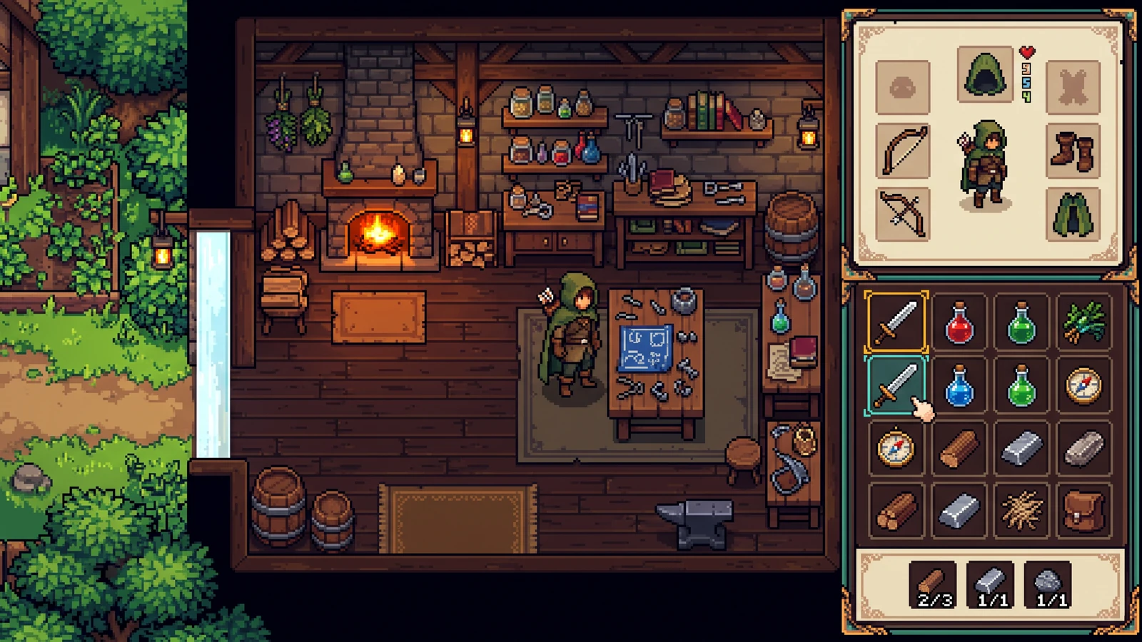 Pixel-game inventory and crafting interface concept shown over a playable game world, with coordinated item icons and readable panels.