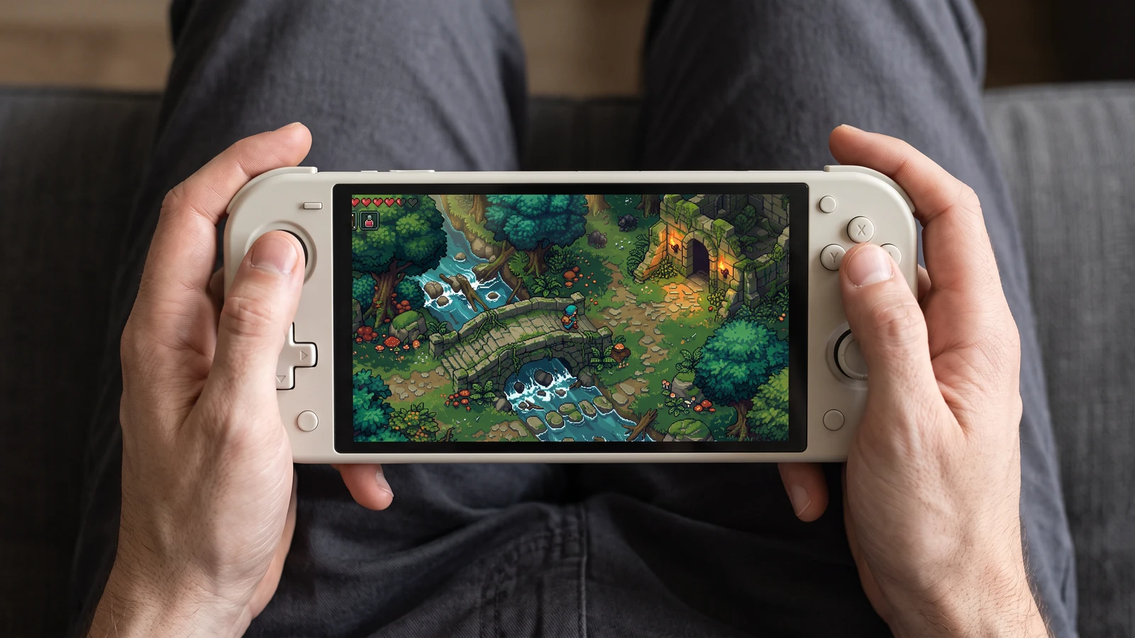 AI-ga loodud ülaltvaates fotokontseptsioon kätest, mis hoiavad kaubamärgita pihukonsooli, mille ekraanil on selgelt näha türkiissinine ranger ja metsateemaline RPG.