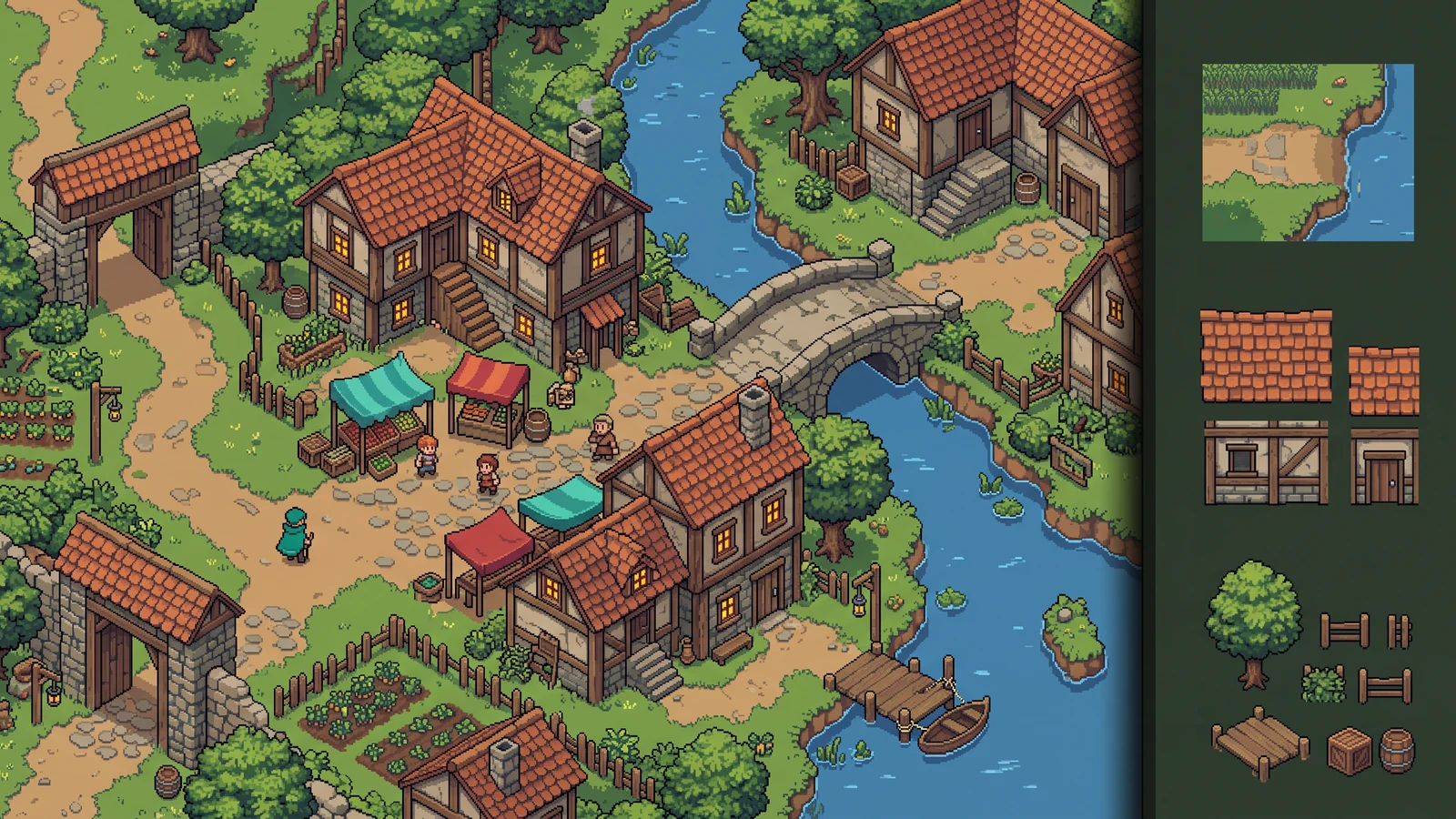 Koncepcja pixelowego miasteczka RPG wygenerowana przez AI: połączone ścieżki, domy, rzeka i mieszkańcy obok pasujących projektów terenu, budynków i rekwizytów.