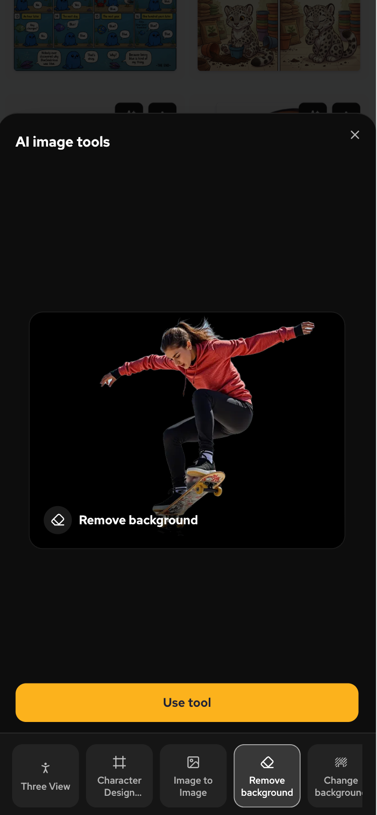 Pełnoekranowe okno modalne „AI image tools” pokazuje duży podgląd skateboardzisty z etykietą „Remove background”, wskazując
