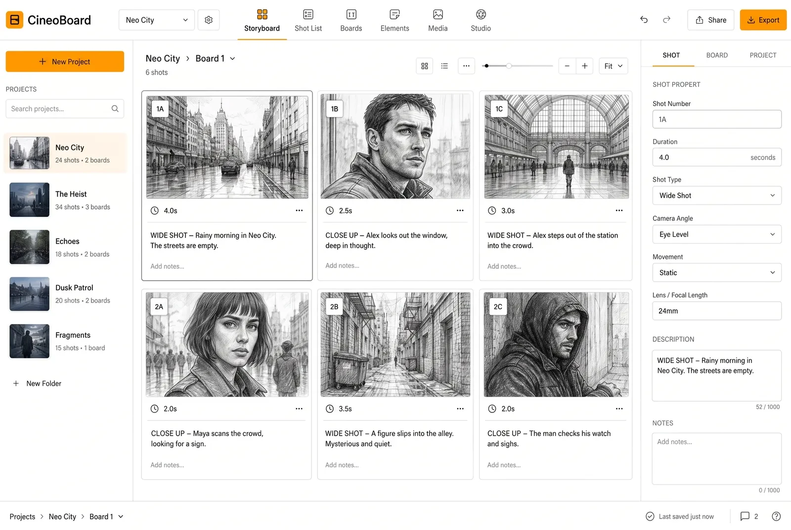 CineoBoard workspace showing storyboard frames and shot properties for the Neo City project