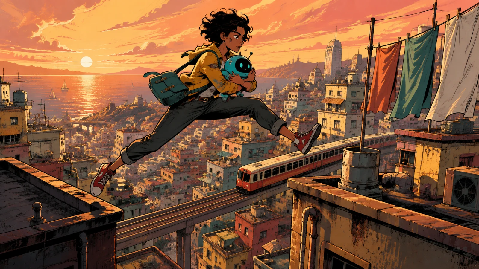 Rooftop Express courier leaping over city rooftops with a small robot at sunset