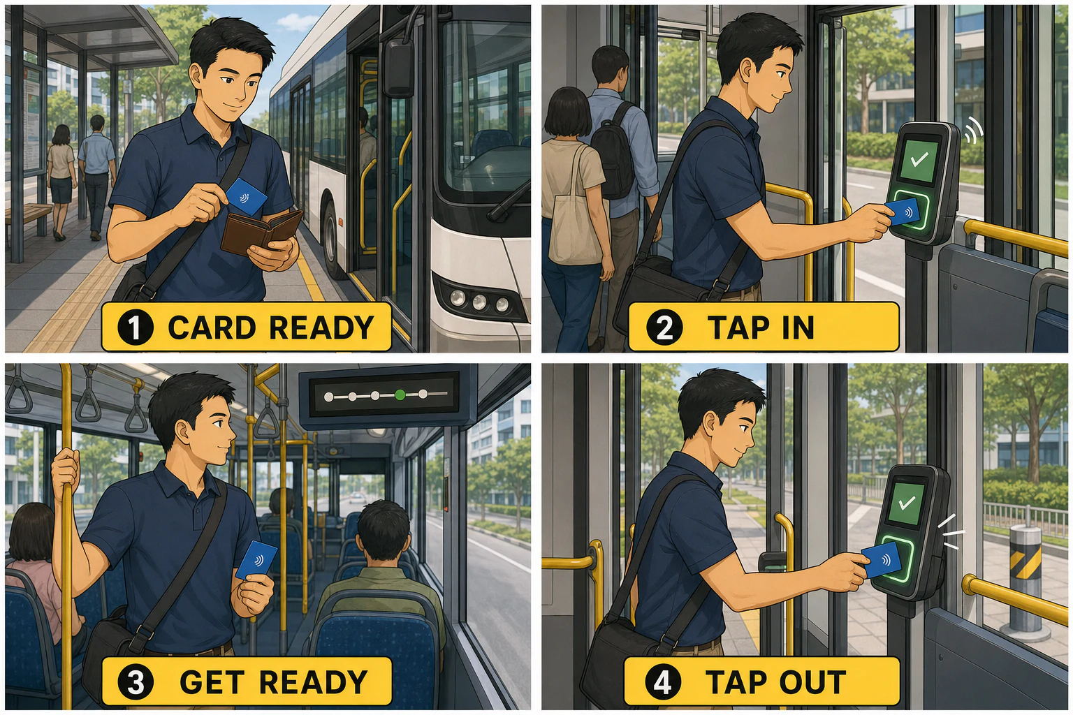 Four-panel visual schedule showing a traveller preparing a card, tapping in, getting ready to leave, and tapping out