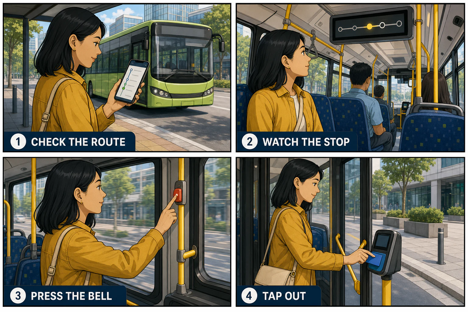 Four-panel visual narrative showing a bus traveller checking the route, watching the stop, pressing the bell, and tapping out