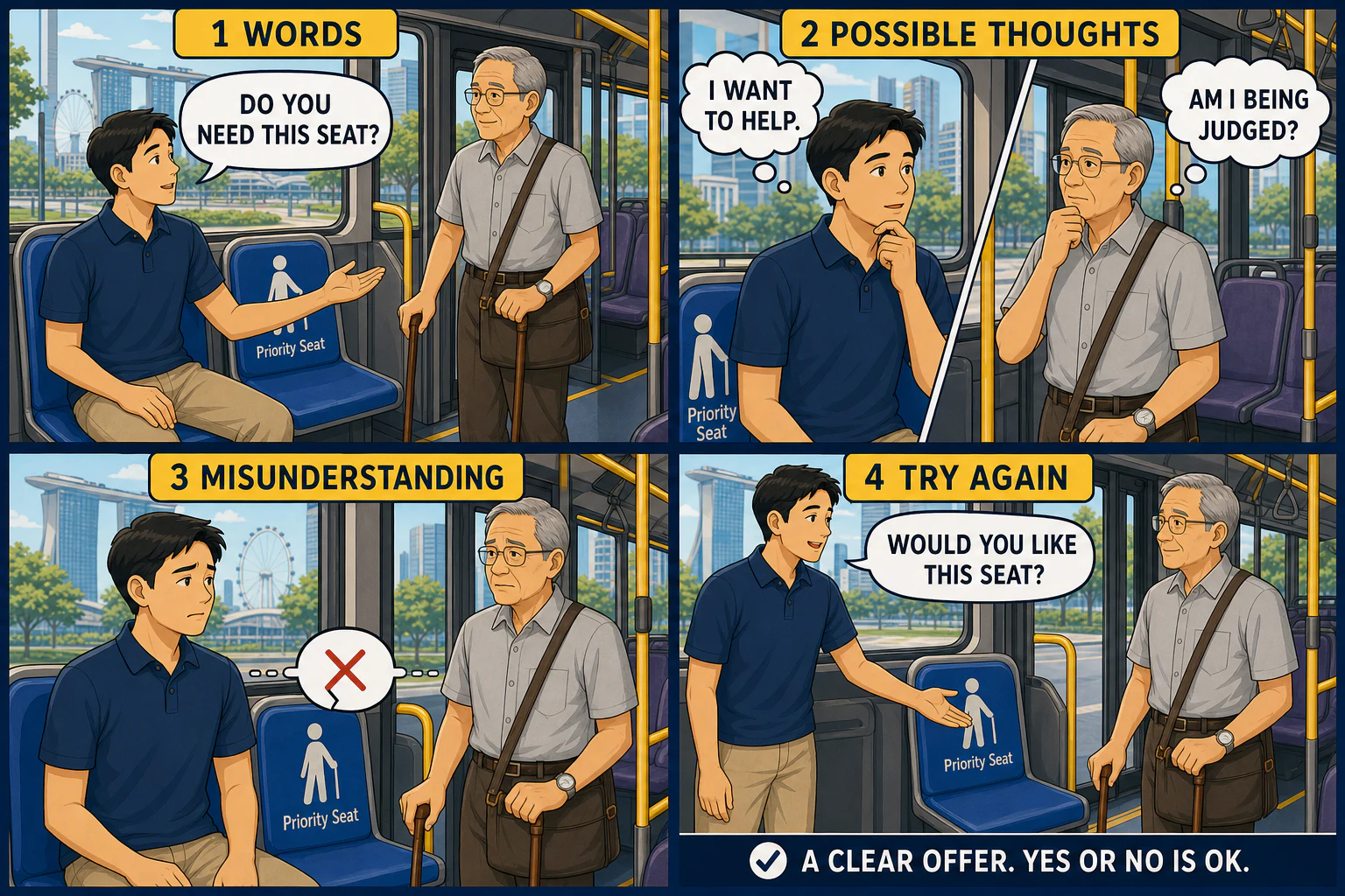 Four-panel comic strip conversation showing a Priority Seat question, two possible thoughts, a misunderstanding, and the clearer offer Would you like this seat