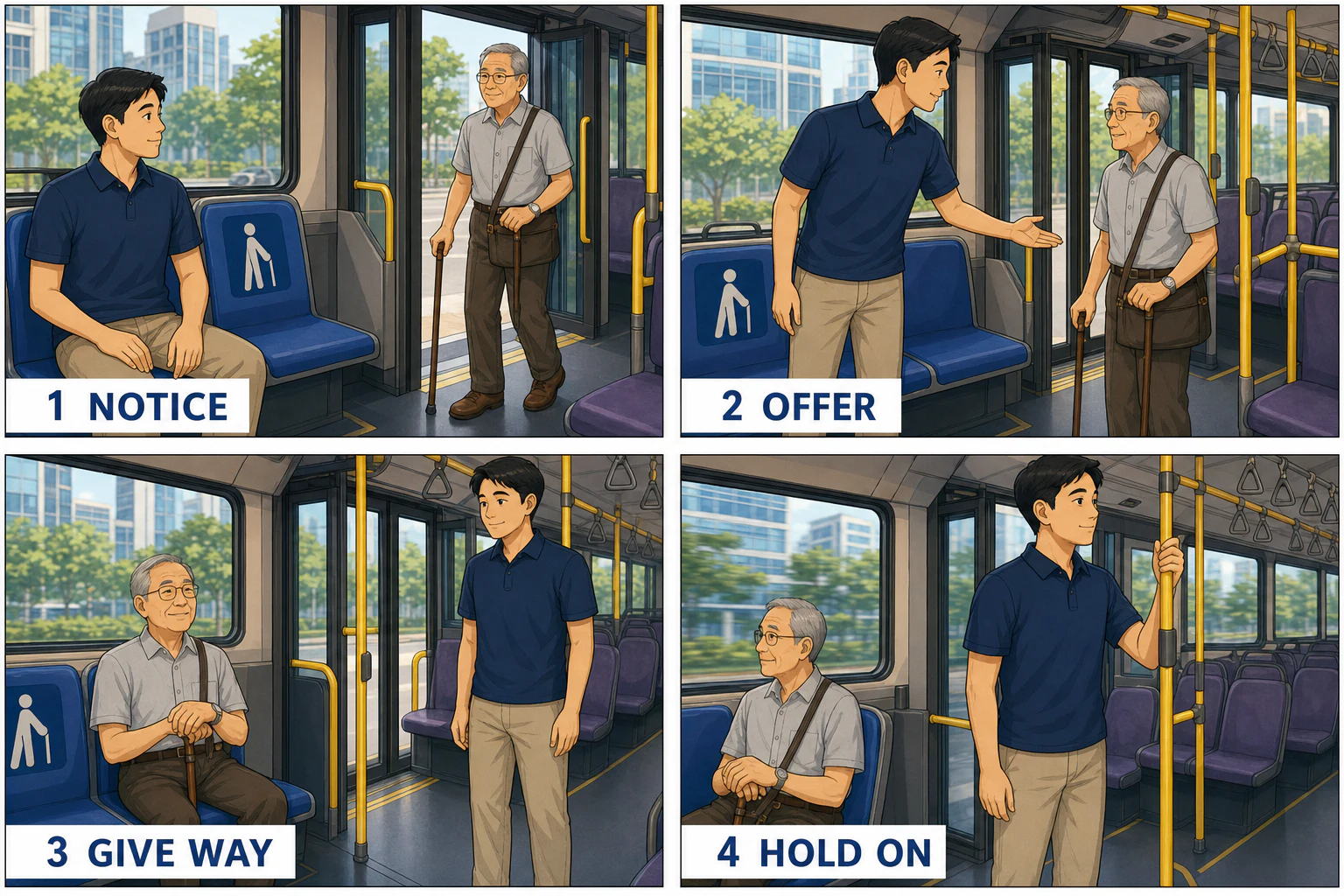 Four-panel visual narrative about noticing a passenger, offering a Priority Seat, giving way, and holding a rail safely