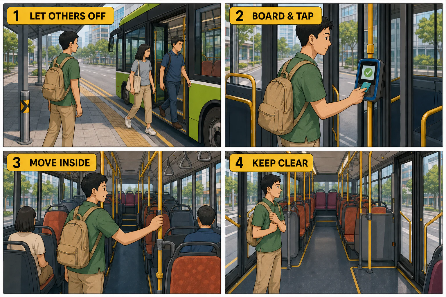 Four-panel visual narrative showing passengers getting off first, boarding and tapping, moving inside the bus, and keeping doors and aisles clear