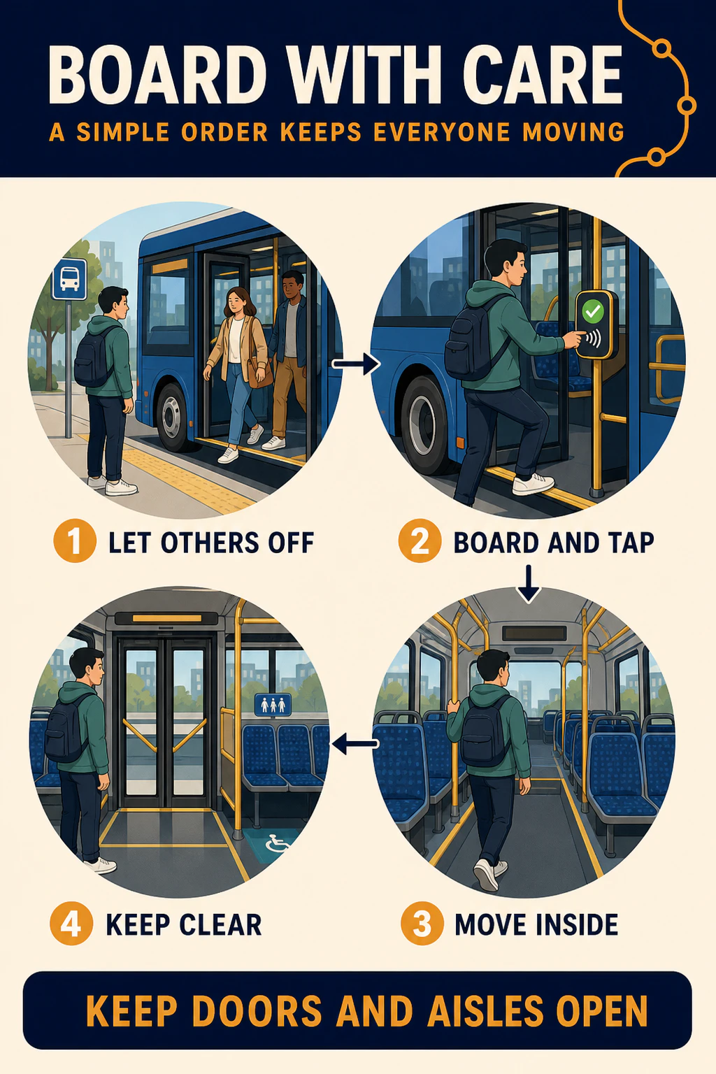 Portrait bus etiquette infographic showing passengers alighting first, a traveller boarding and tapping, moving inside, and keeping doors and aisles clear