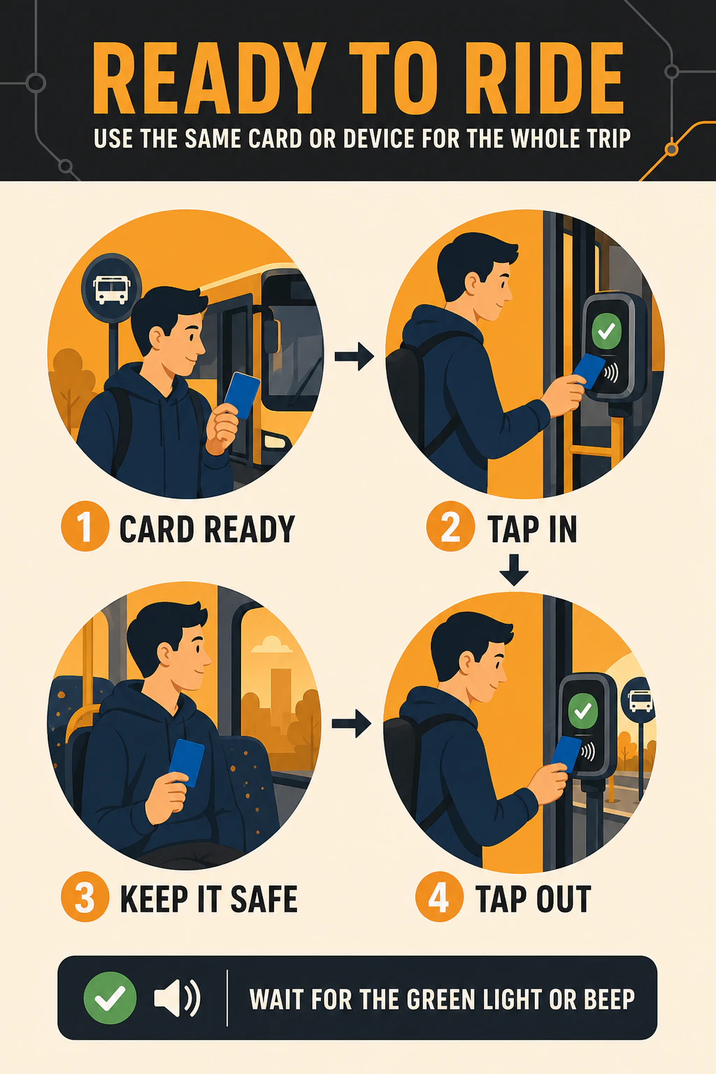 Portrait public transport infographic showing a traveller preparing one card, tapping in, keeping it safe, and tapping out with the same card