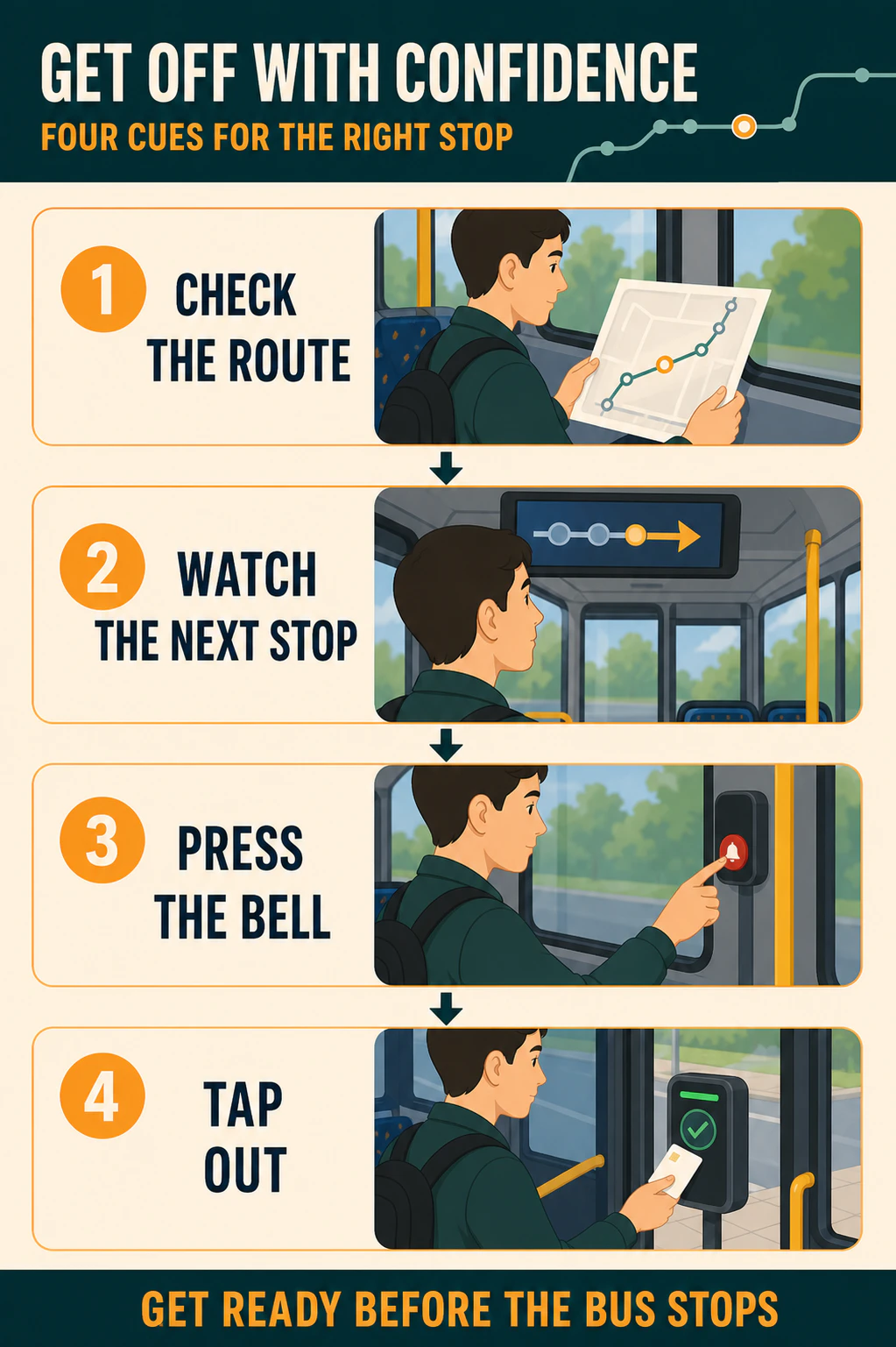 Portrait bus journey cue card showing a traveller checking the route, watching the next stop, pressing the bell, and tapping out