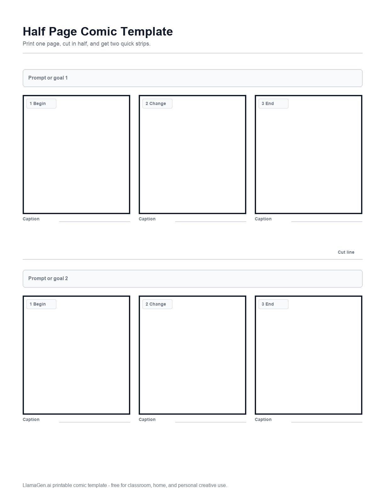 Preview of a printable half page comic template with two horizontal comic strips on one page