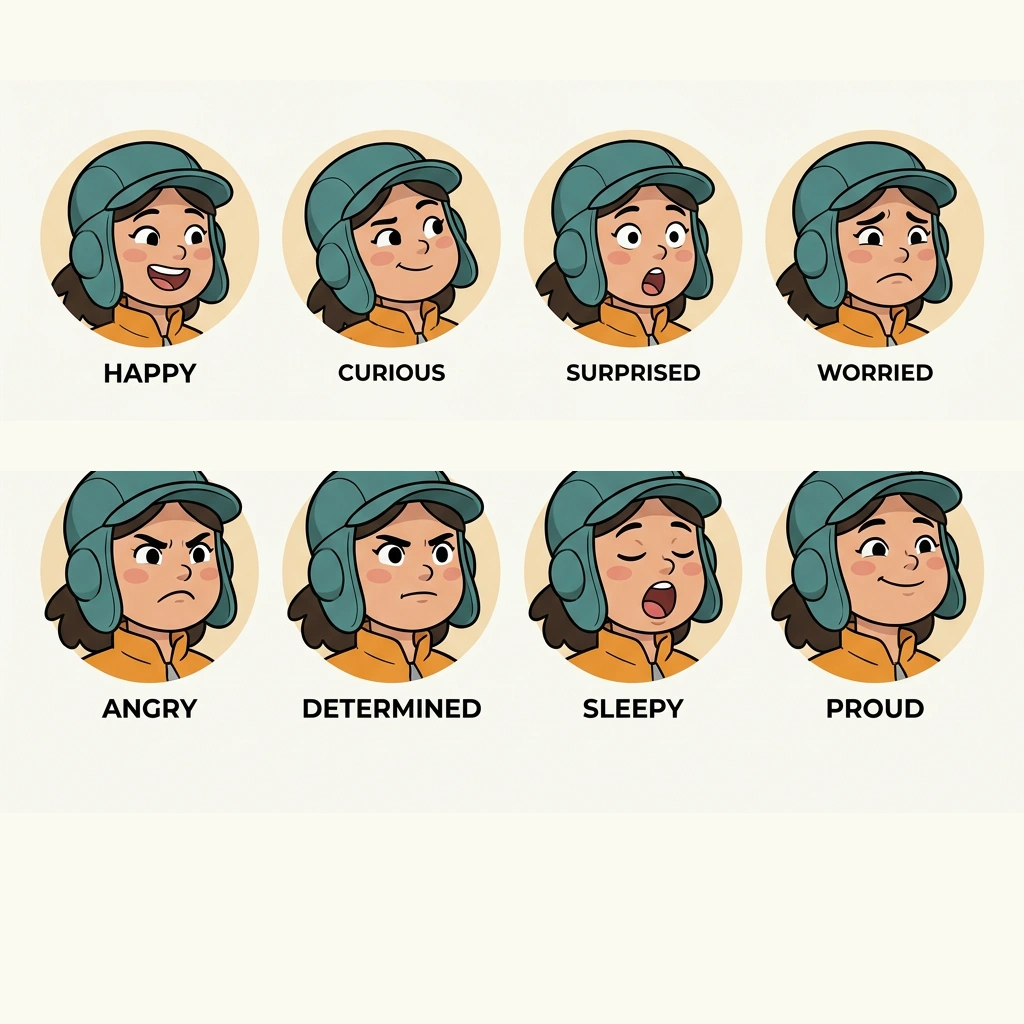 AI cartoon character expression sheet with eight emotions
