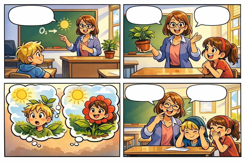Four-panel classroom comic with a teacher, two children, a potted plant, imagined plant costumes, and blank speech bubbles.
