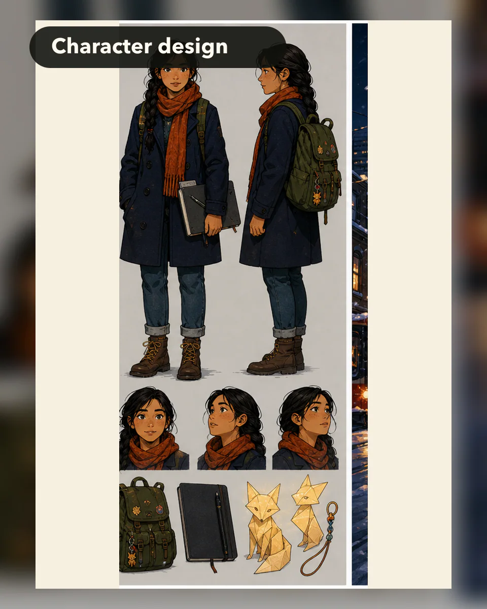 Canadian game narrative designer character sheet with winter clothing expressions and story props