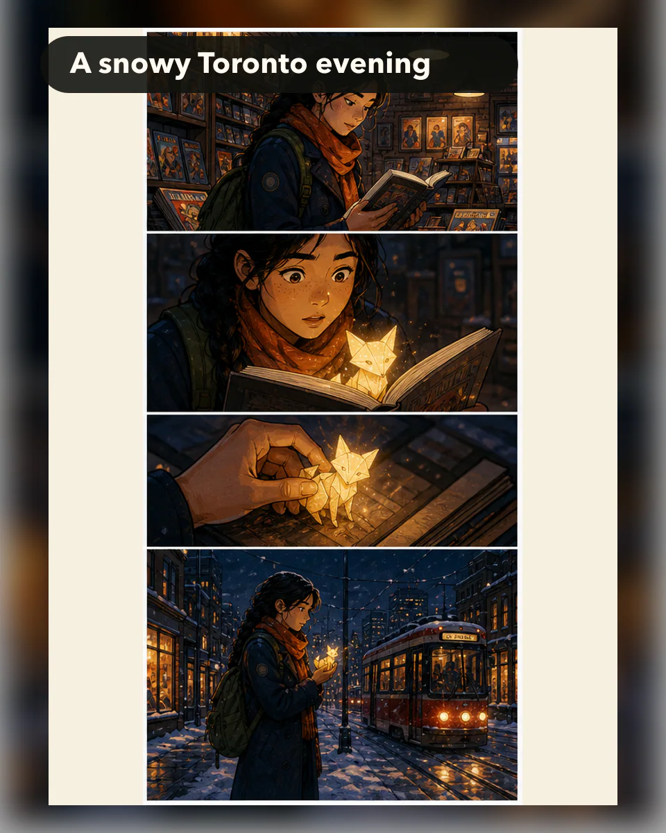 Original Canadian graphic-novel scene in a snowy Toronto comic shop and streetcar neighbourhood