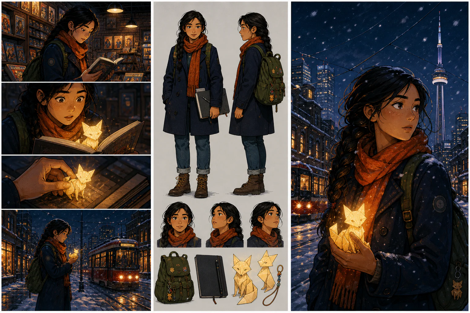 Triptych of an original Toronto comic, character sheet and cover poster