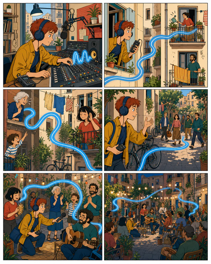 Cómic de línea clara sobre una onda de radio luminosa en Barcelona