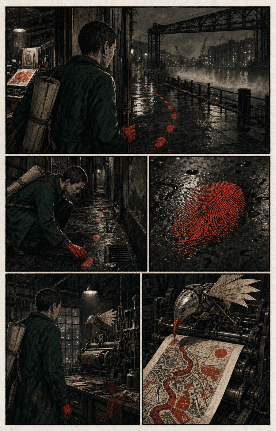 Cómic noir de Bilbao con un mapa formado por tinta roja