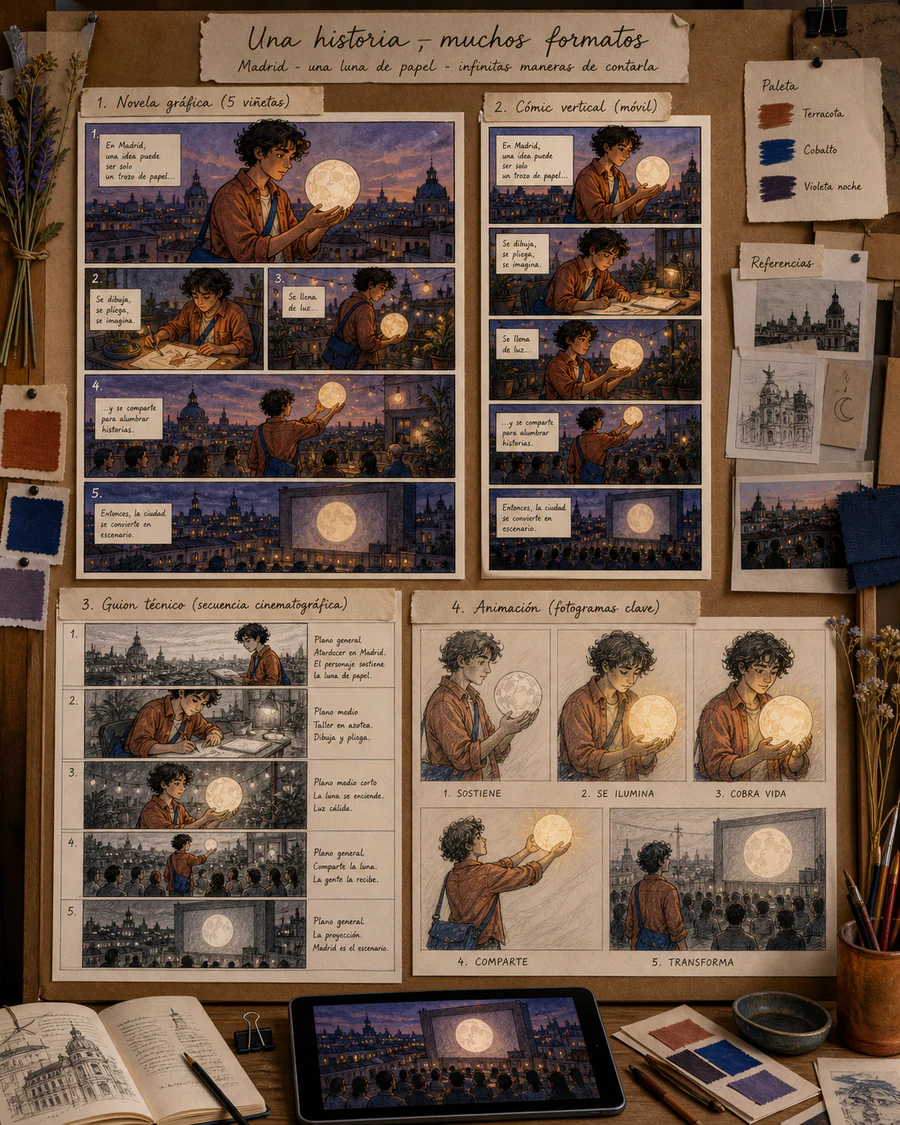 La misma historia adaptada a cómic webtoon storyboard y portada