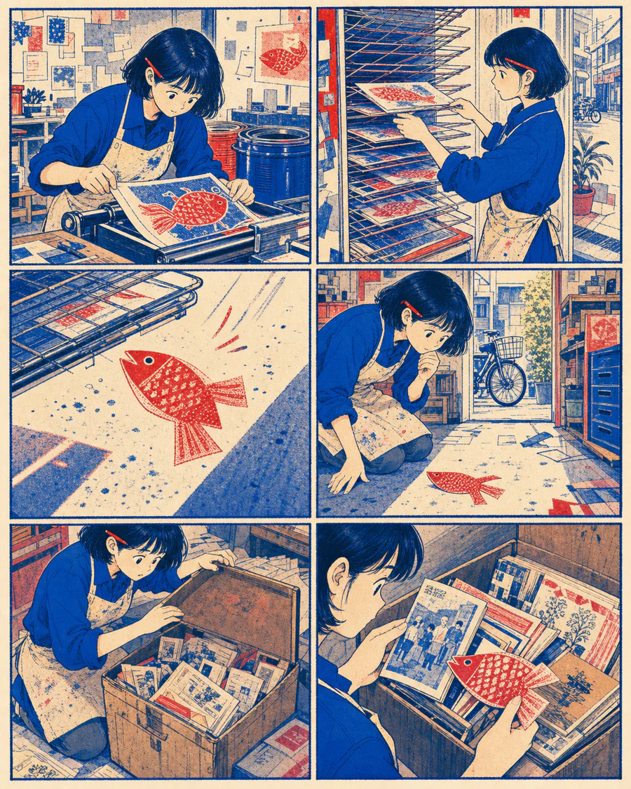 大阪の印刷工房で紙の魚が泳ぎ出す青と朱色のリソグラフ漫画