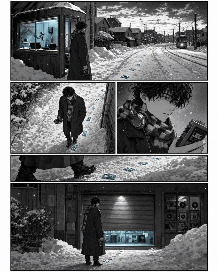札幌の雪道でカセットテープの足跡を追う黒白と水色の青年漫画