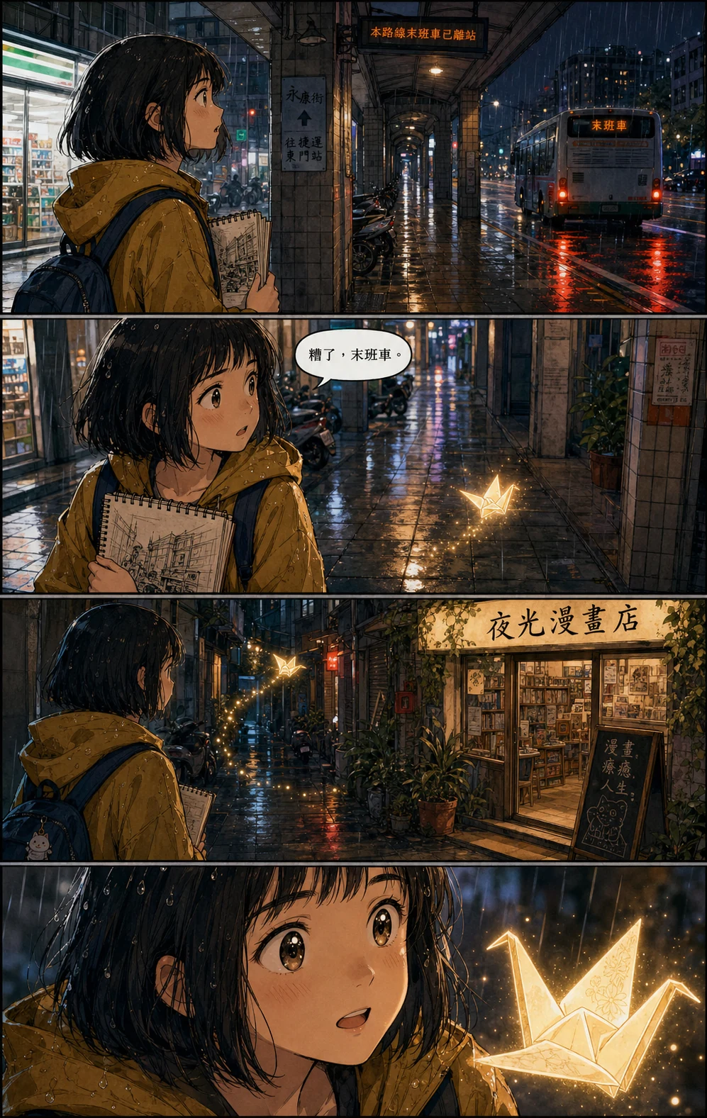 台北雨夜裡插畫家跟著發光紙鶴找到漫畫店的繁中彩色漫畫