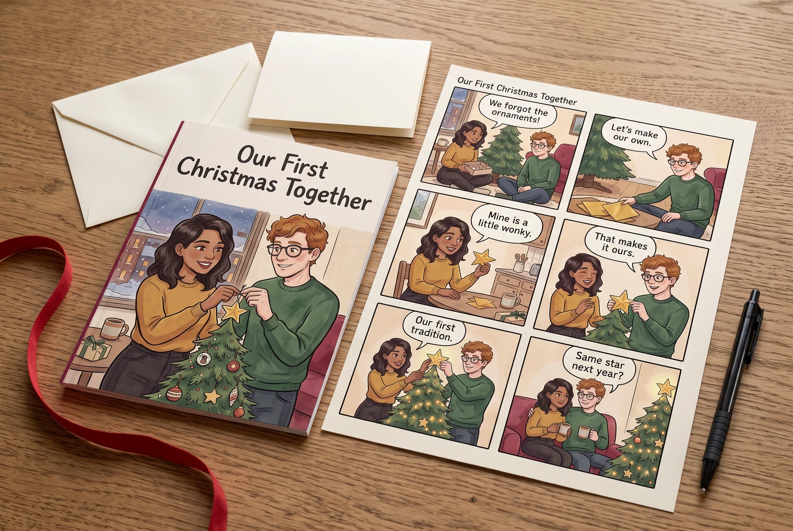A Christmas comic booklet, printed story sheet, blank note card and envelope arranged on a table in an AI lifestyle mockup