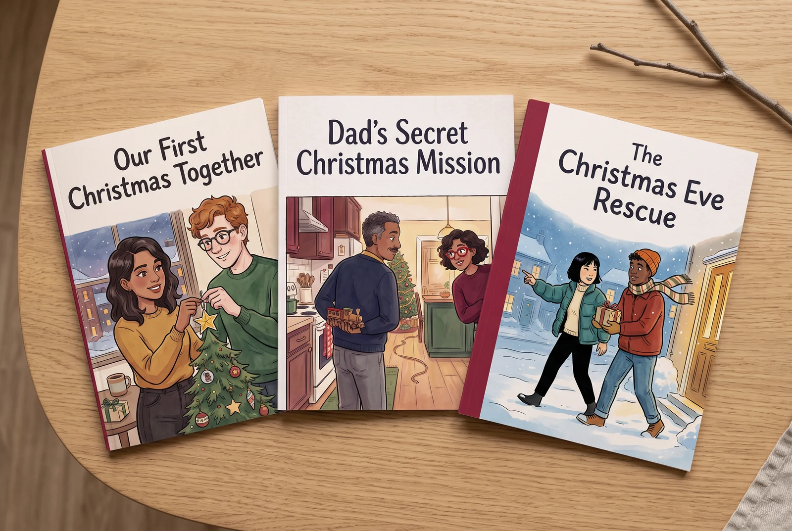 Three different Christmas comic cover designs displayed as small booklets on a table in an AI lifestyle mockup