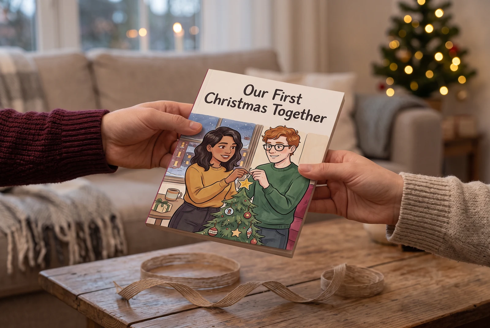 Two hands passing a Christmas comic booklet in a living room, shown in an AI lifestyle mockup