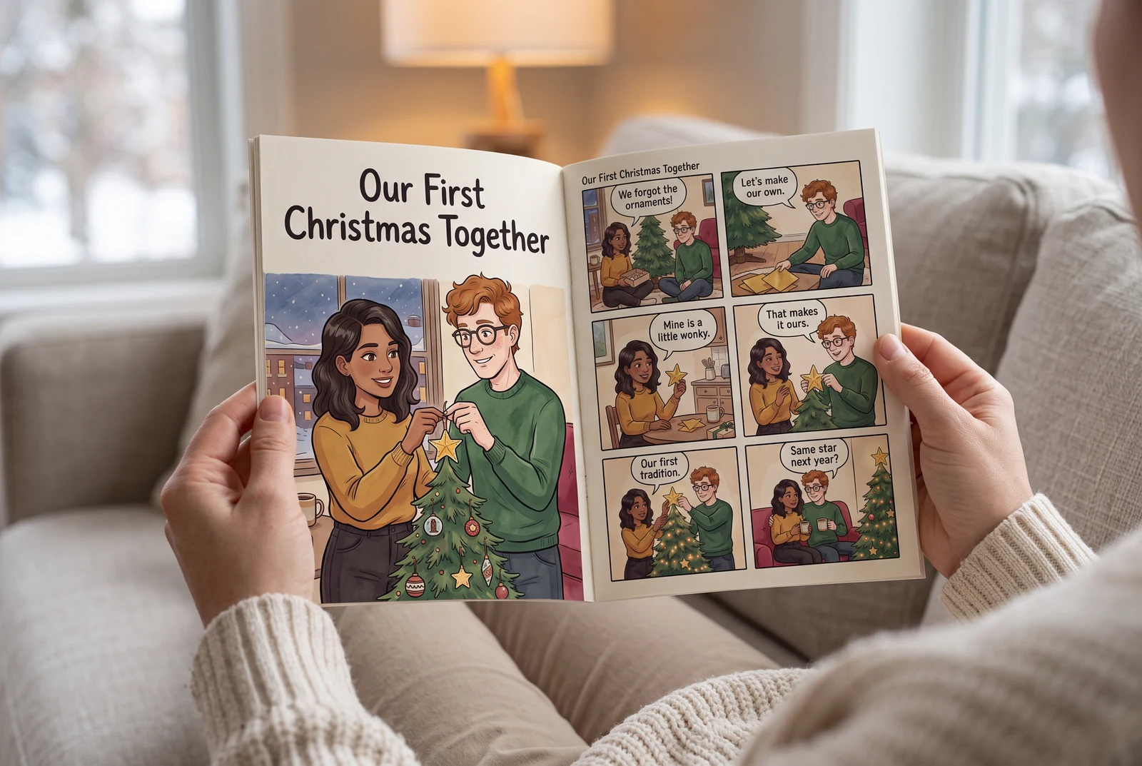 Hands holding an open Christmas comic booklet while reading on a sofa, shown in an AI lifestyle mockup