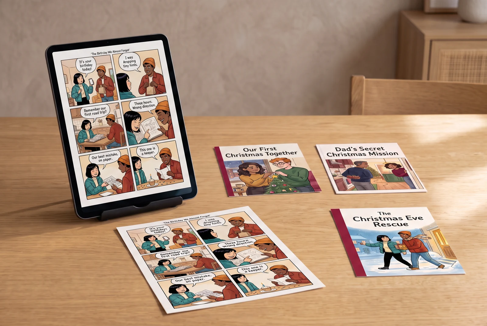 A tablet comic, paper page proofs, and several original cover designs arranged together on a desk