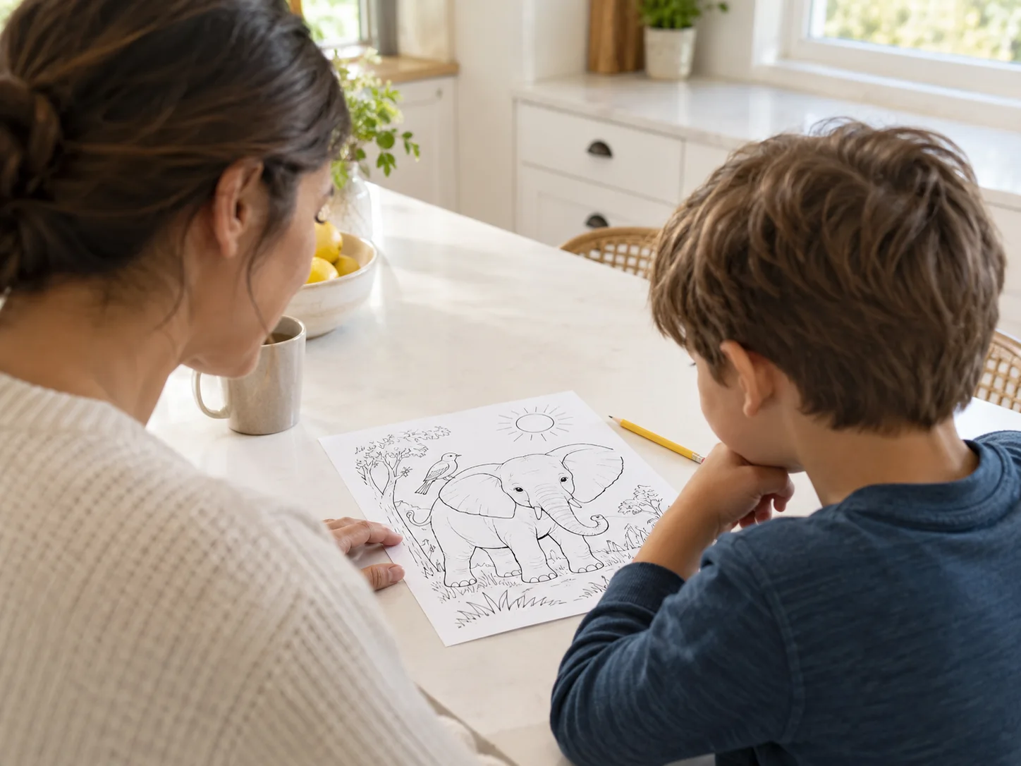 Parent and child reviewing an animal coloring page together