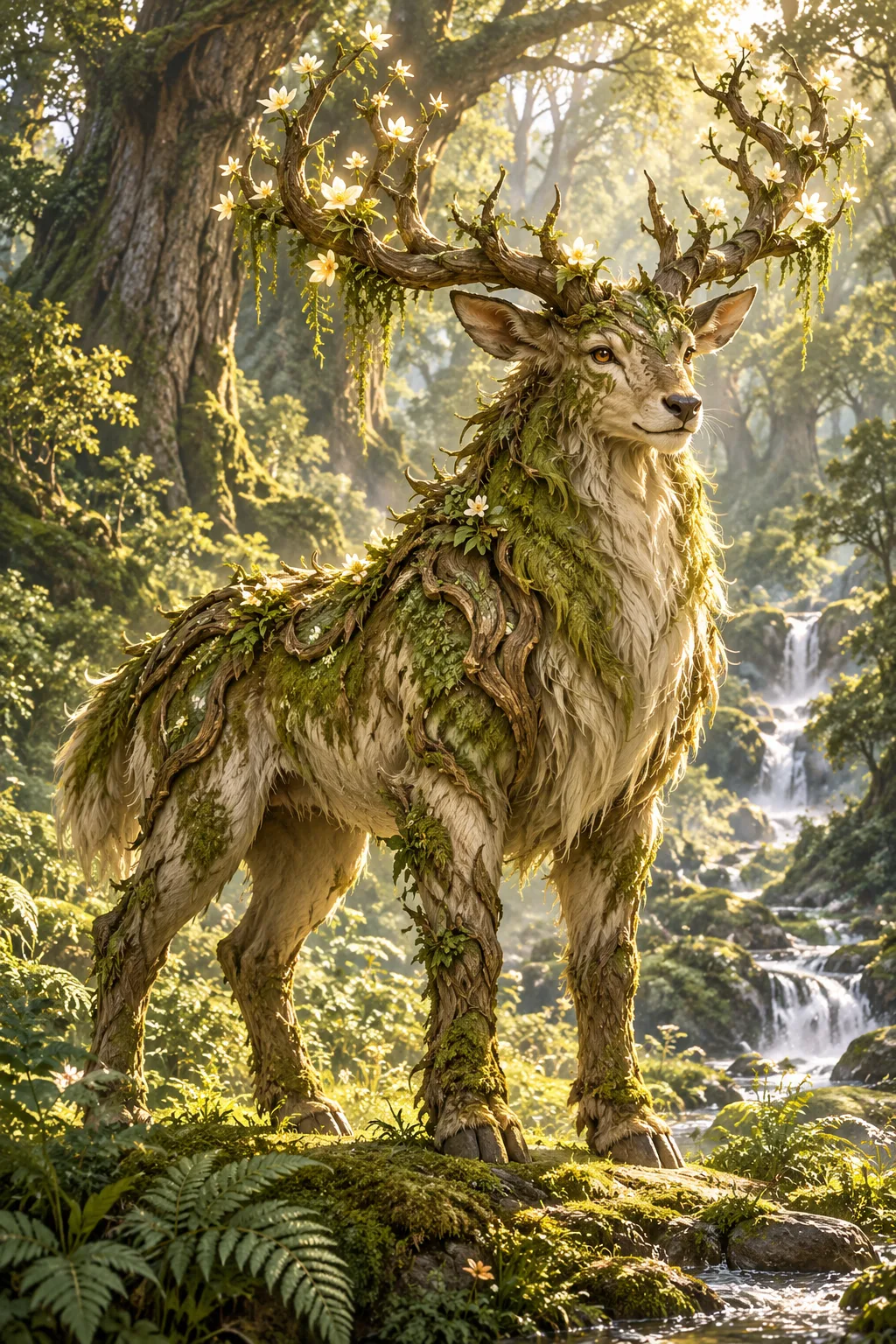Illustrative antlered forest guardian creature in a sunlit woodland