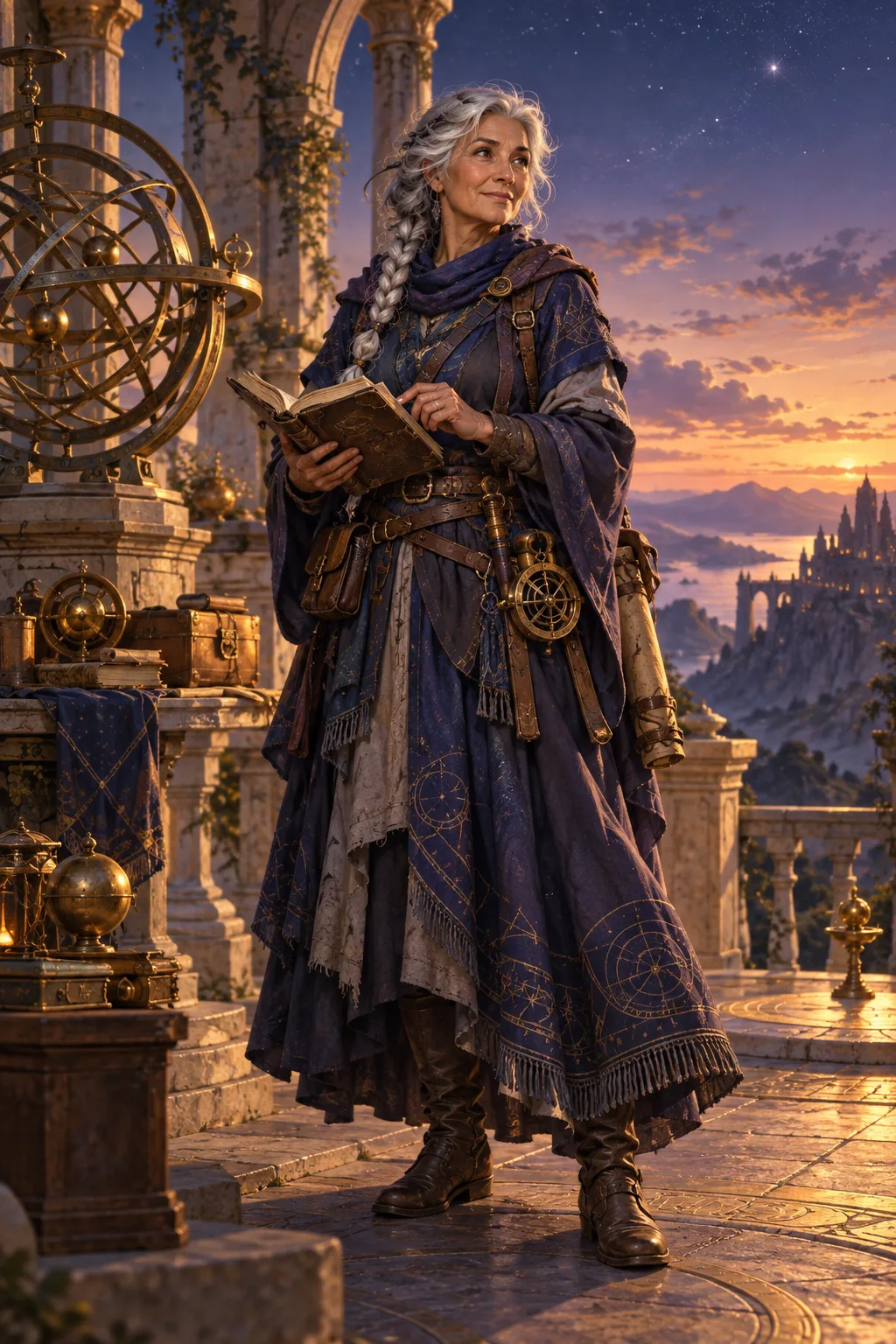 Illustrative fantasy spell scholar at a twilight observatory