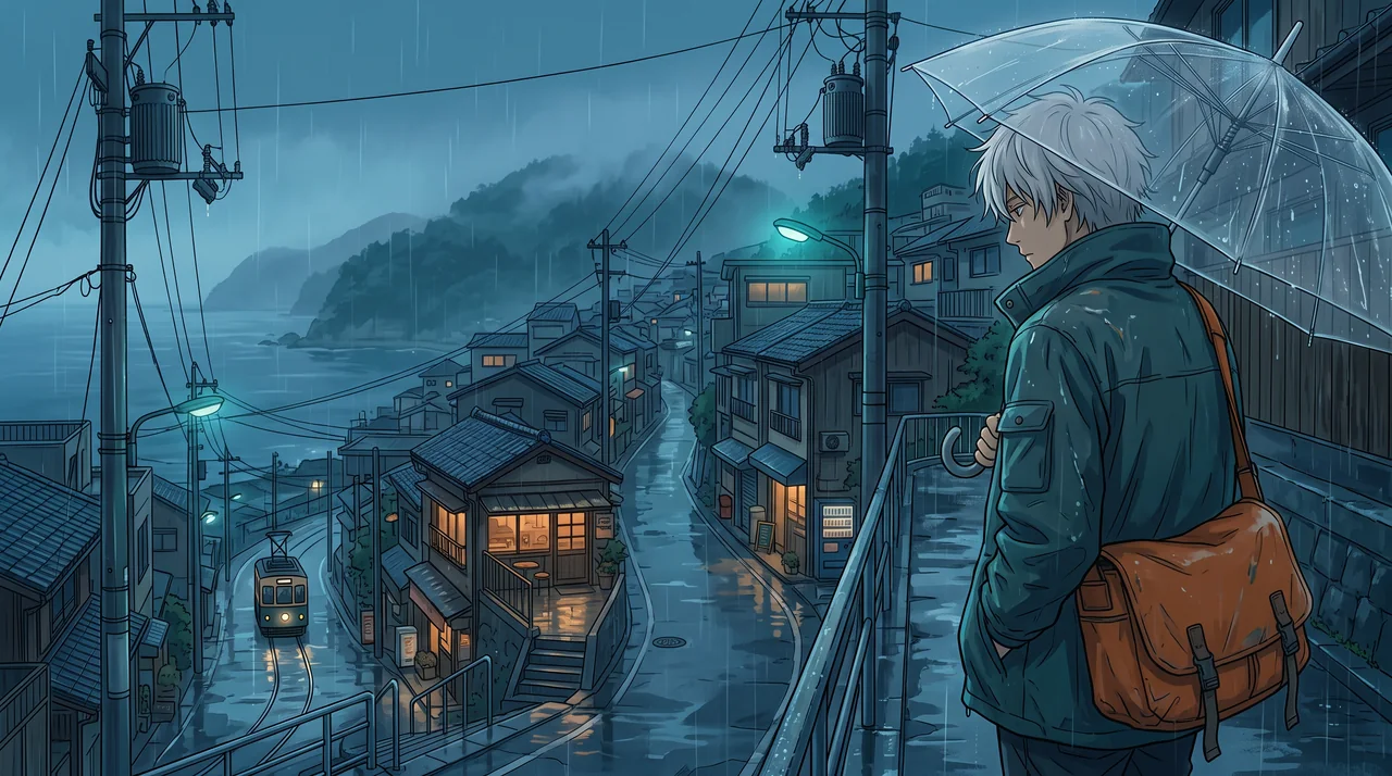 Un mensajero de anime con paraguas transparente mirando una ciudad costera lluviosa con luces cálidas y reflejos en la calle