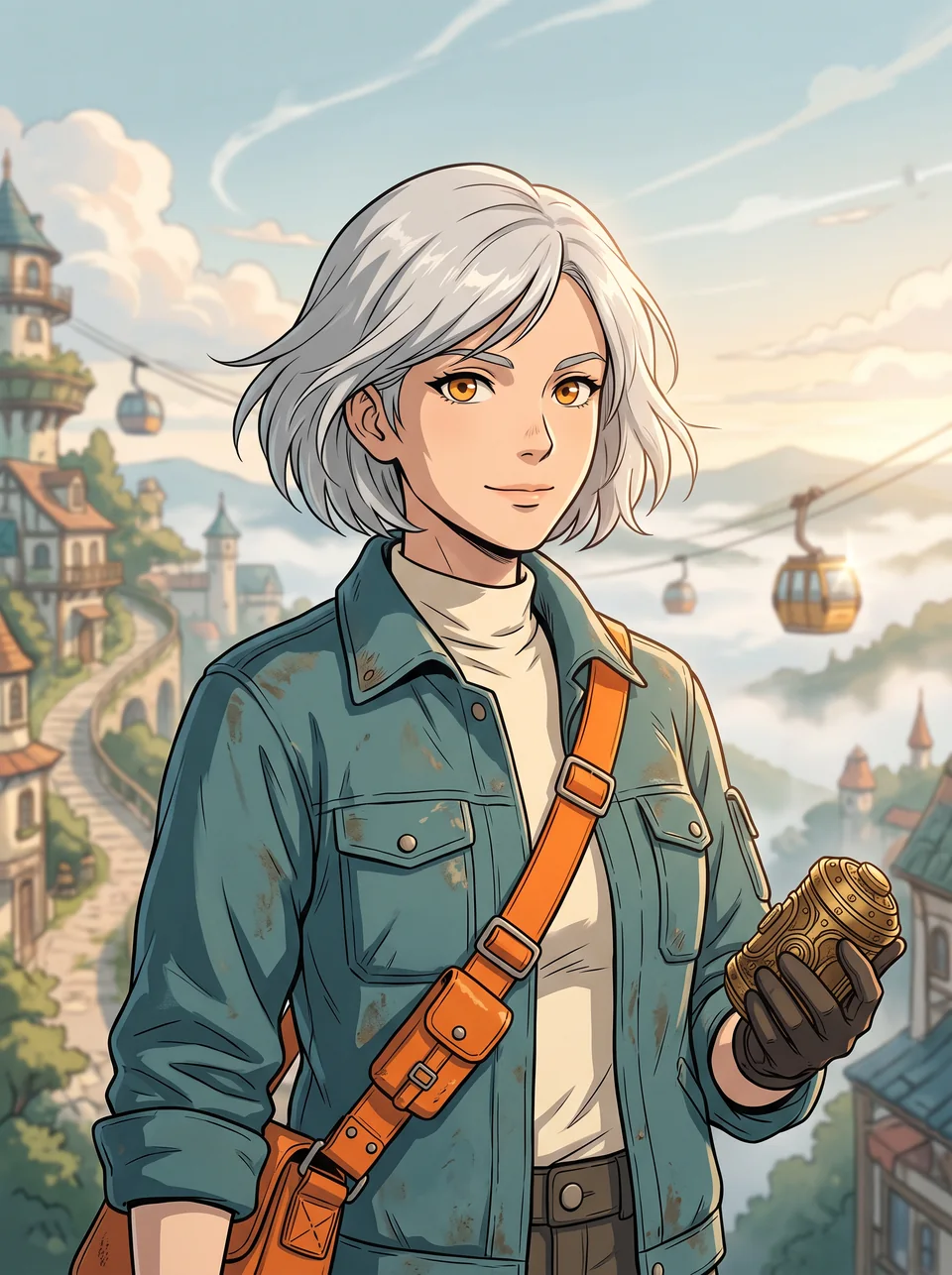 Mensajero de anime de cabello plateado con ojos ámbar, chaqueta utilitaria verde azulado y correa naranja al amanecer