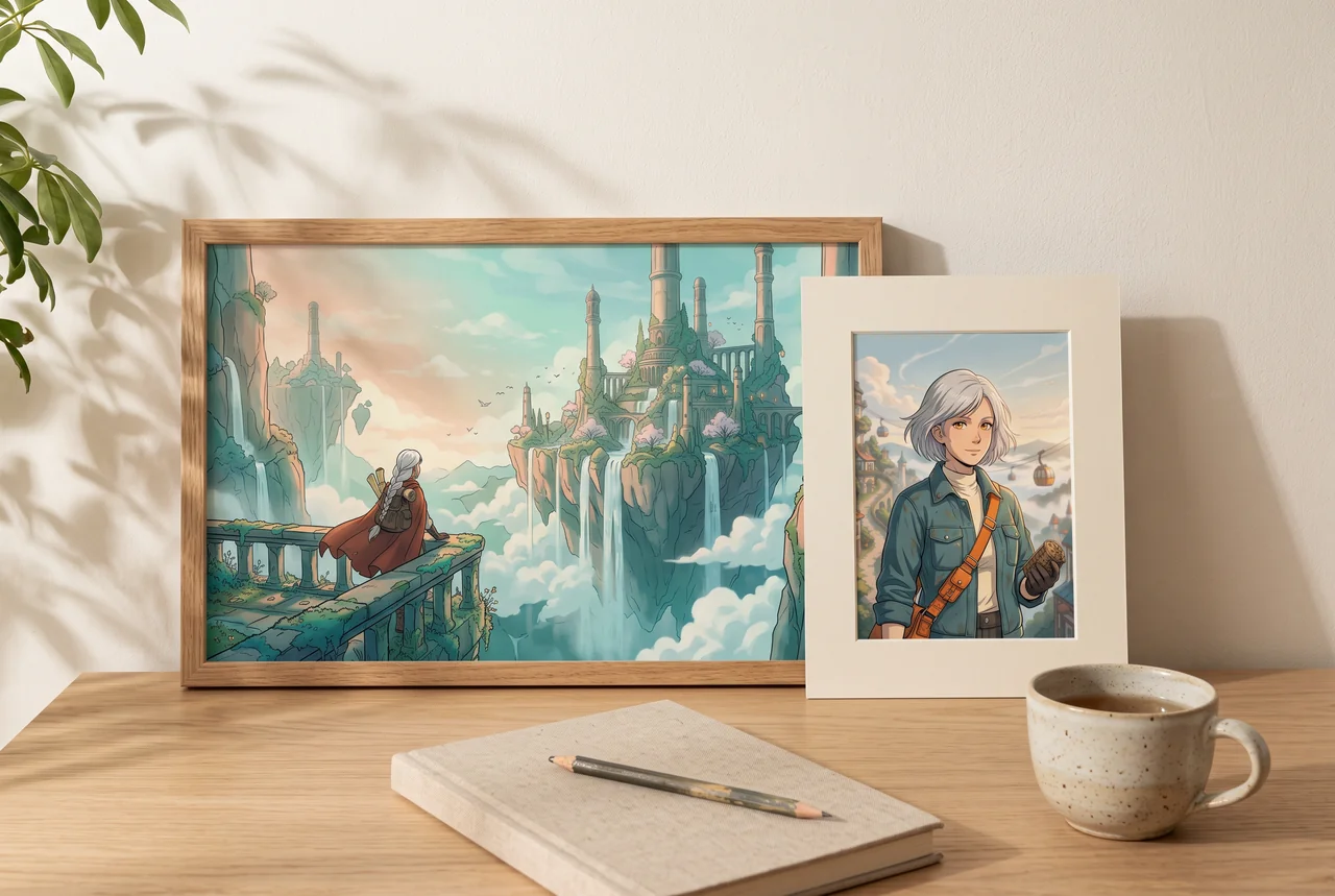 Mockup de estilo de vida con IA de un paisaje anime de islas flotantes enmarcado y un retrato de mensajero sobre un escritorio iluminado por el sol con un cuaderno y una taza