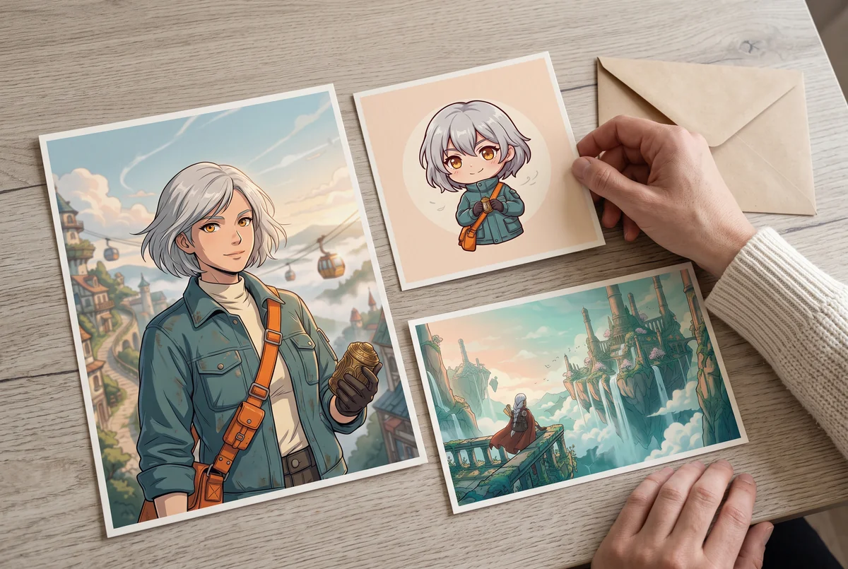 Mockup de estilo de vida con IA de impresiones de anime en formato retrato, cuadrado chibi y horizontal organizadas sobre una mesa, con una mano acomodando la tarjeta chibi