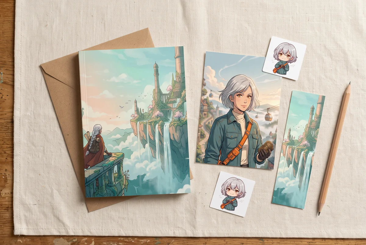 Mockup de estilo de vida con IA de un cuaderno de anime coordinado, una tarjeta artística del mensajero, dos stickers chibi y un marcador horizontal sobre lino crema
