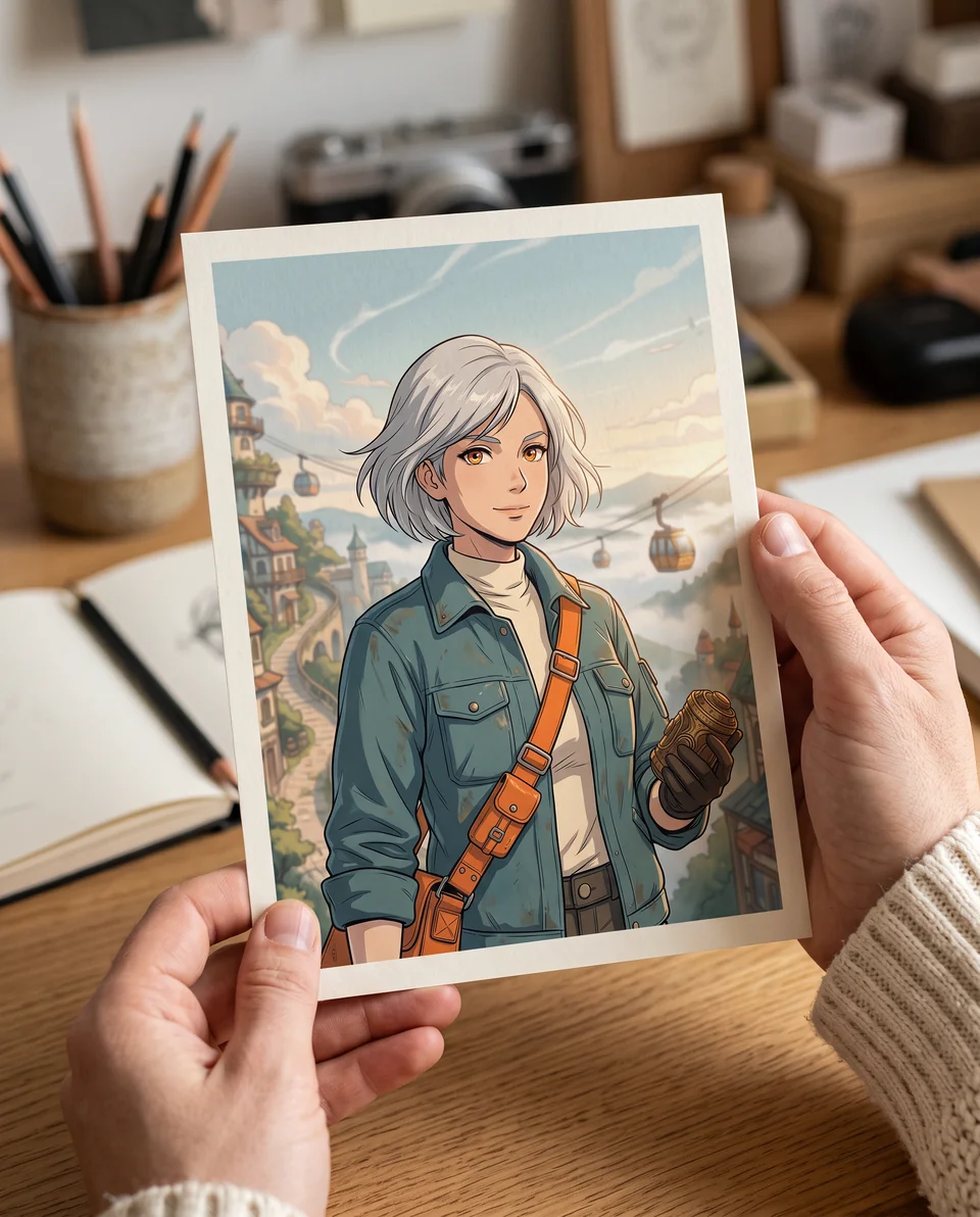 Mockup de estilo de vida con IA de dos manos sosteniendo una impresión artística de anime de un mensajero de cabello plateado con borde, sobre un escritorio de madera