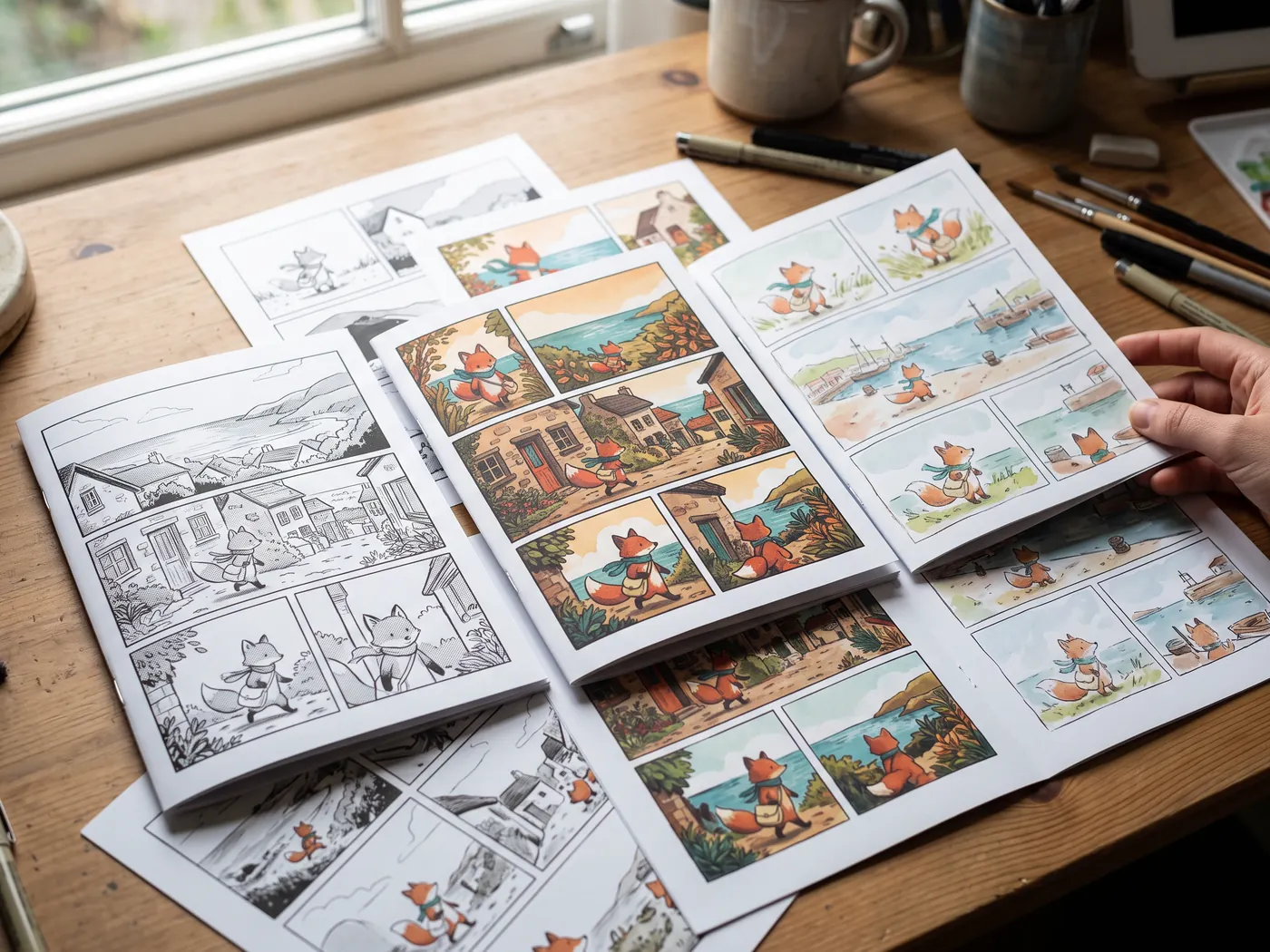 Cuadernillos de manga en blanco y negro, aventura a color y cómic infantil sobre una mesa de casa.