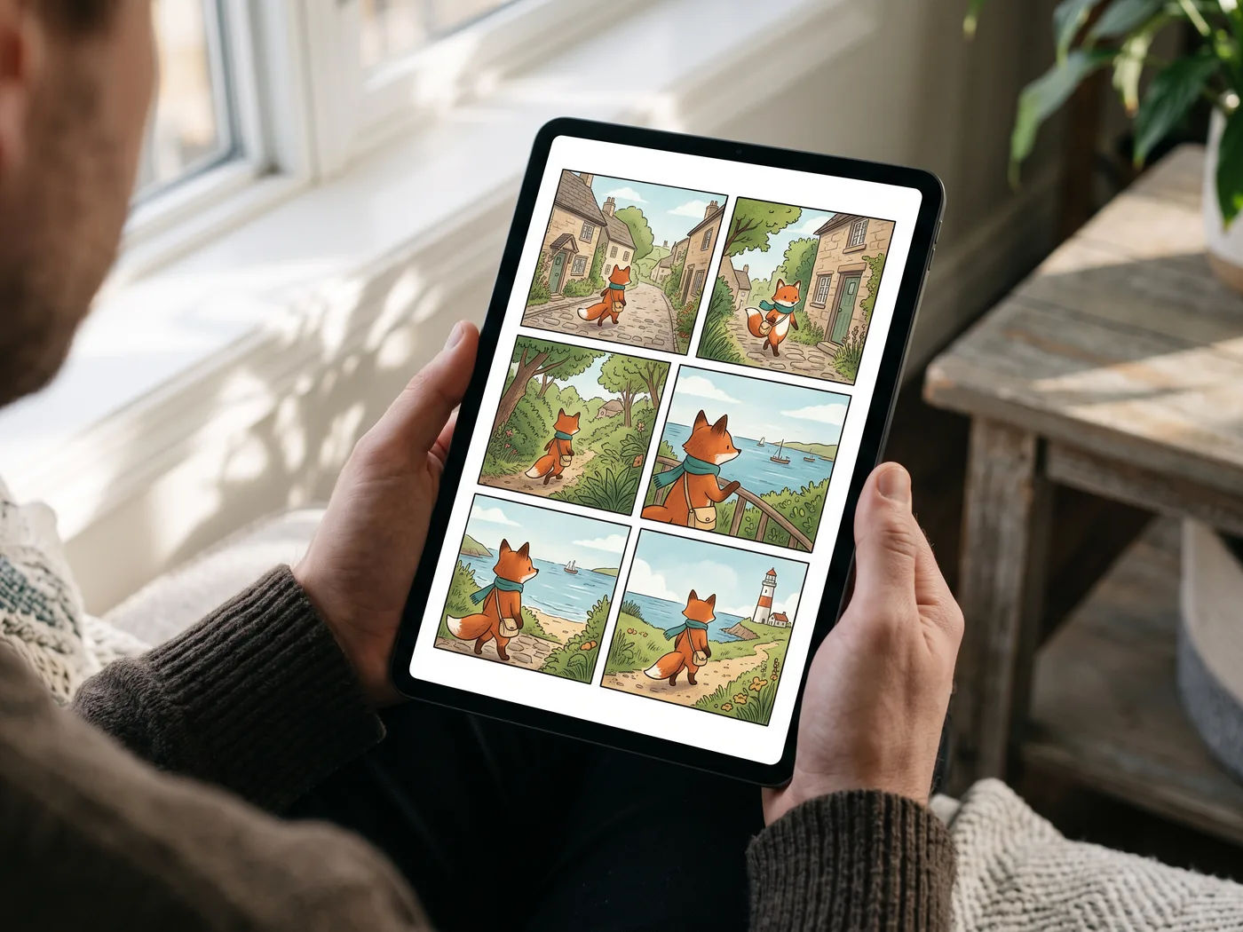 Eine Person hält zu Hause an einem sonnigen Fenster ein Tablet mit einem fertigen Comic.