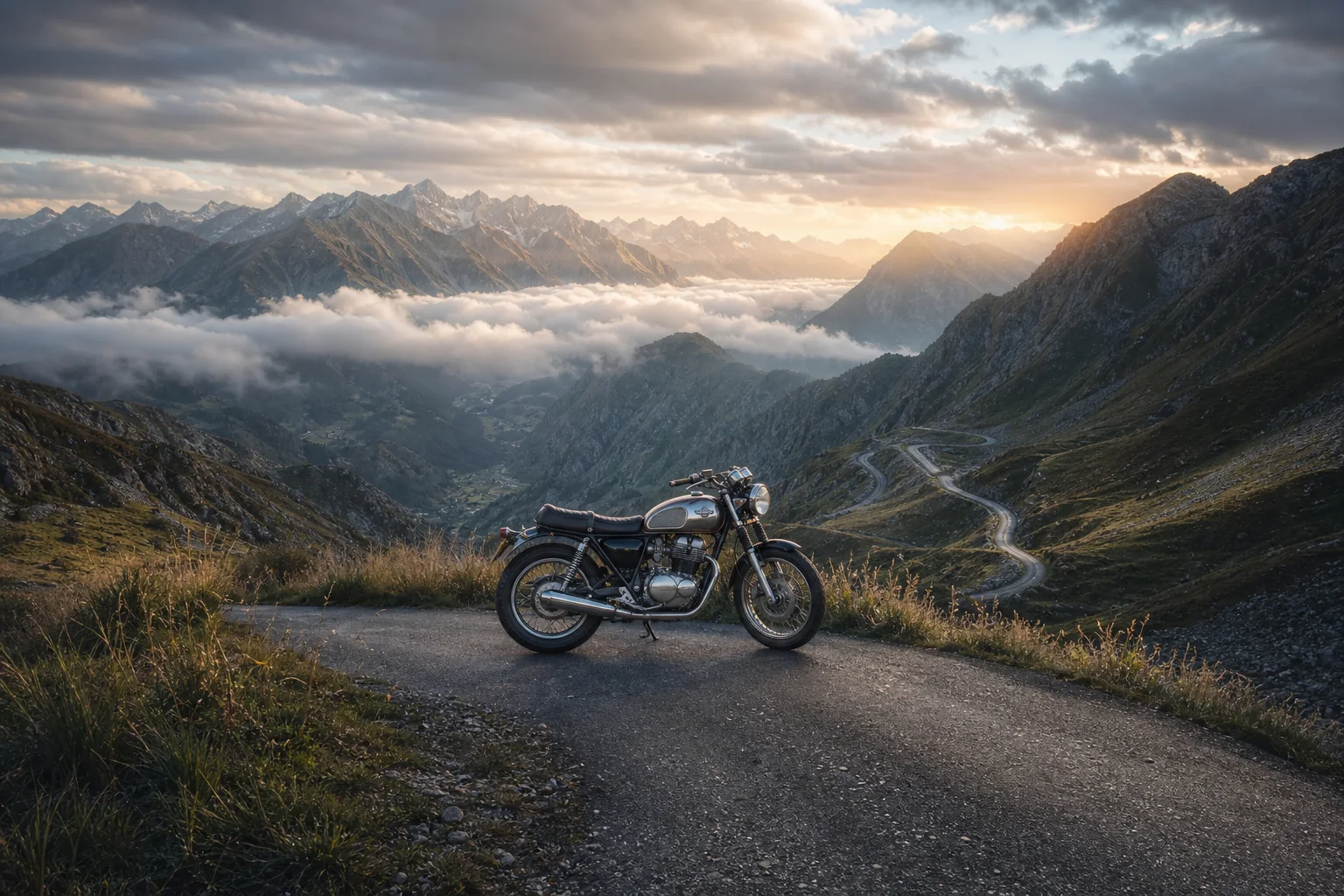 Motocikla foto paplašināts līdz platam Alpu ceļam un kalnu panorāmai