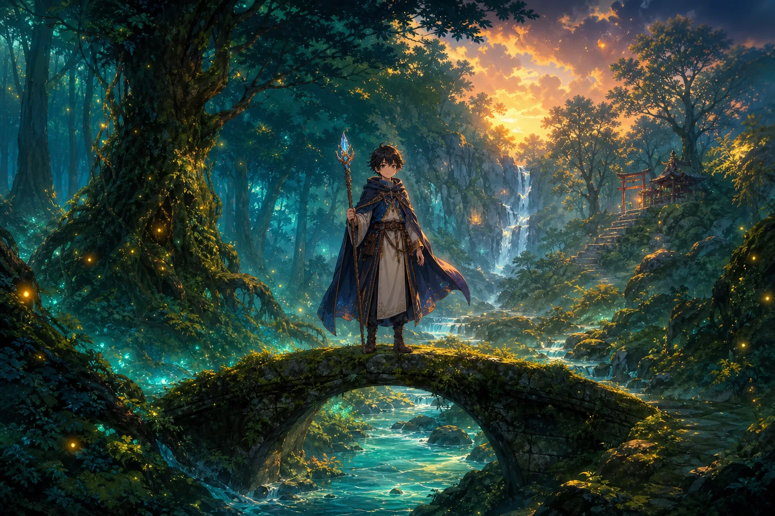 Anime burvja ilustrācija paplašināta detalizētā apburtā meža vidē