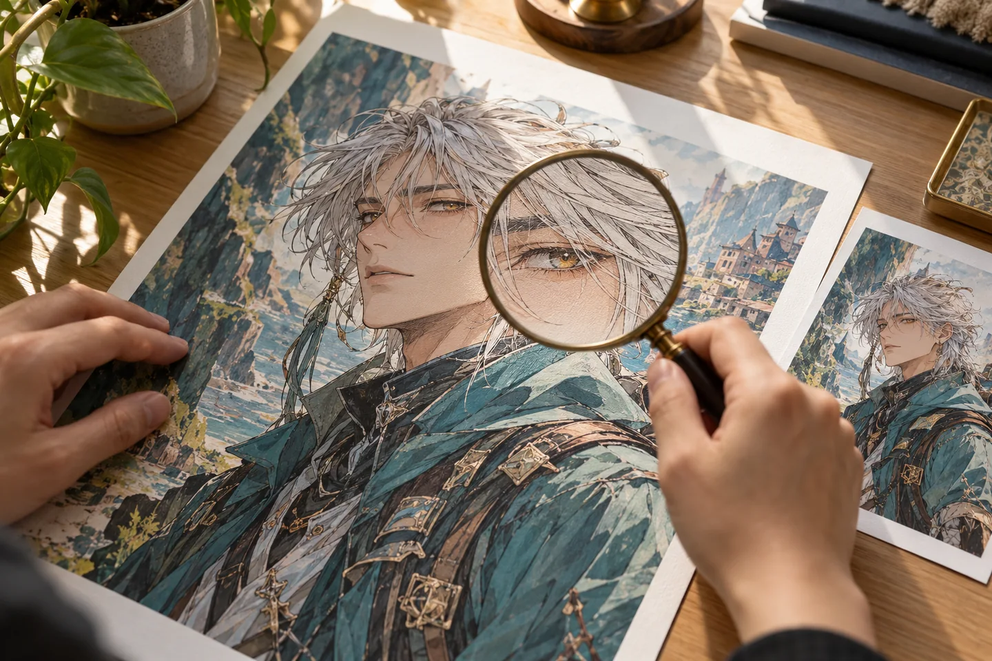 Rokas ar palielināmo stiklu pārbauda lielas anime izdrukas tintes detaļas.