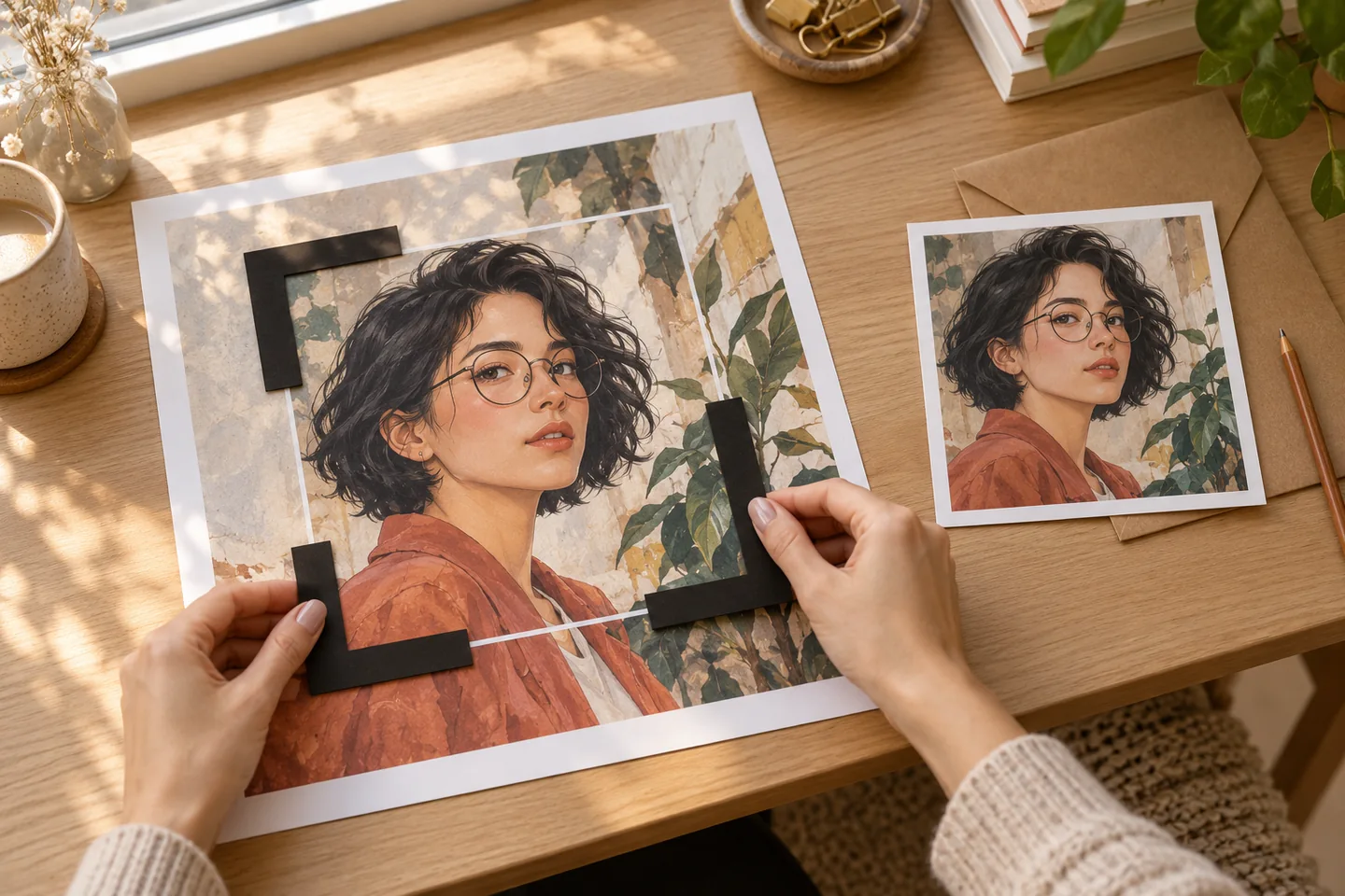 Hands position cropping cards around an illustrated portrait beside a square print.