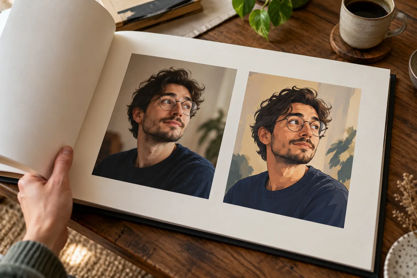 A hand turns a portfolio page pairing an original portrait with an illustrated interpretation.